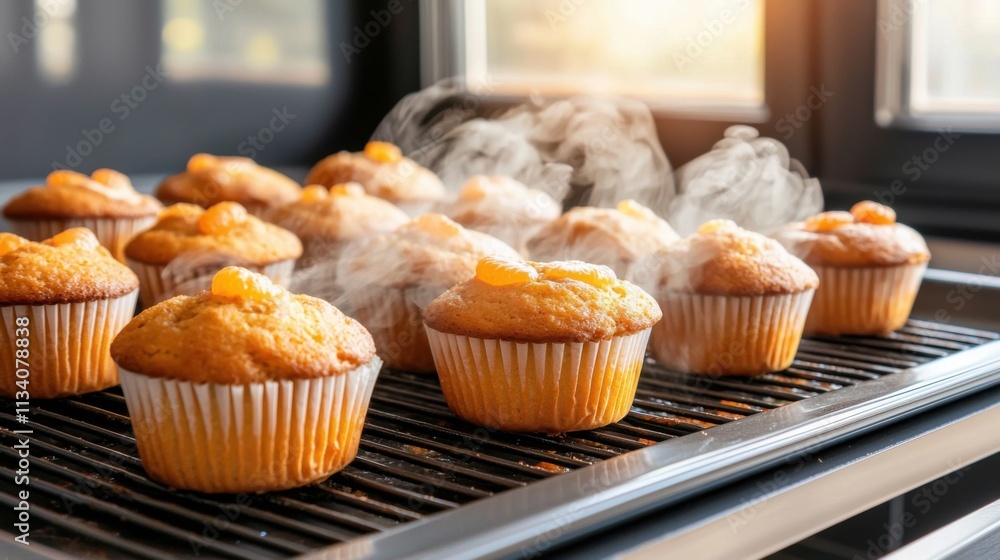 Freshly baked muffins cooling on a rack, with steam rising, showcasing a warm and inviting kitchen atmosphere. Freshly baked muffins cooling on a rack, with steam rising, showcasing a warm and inviting kitchen atmosphere.