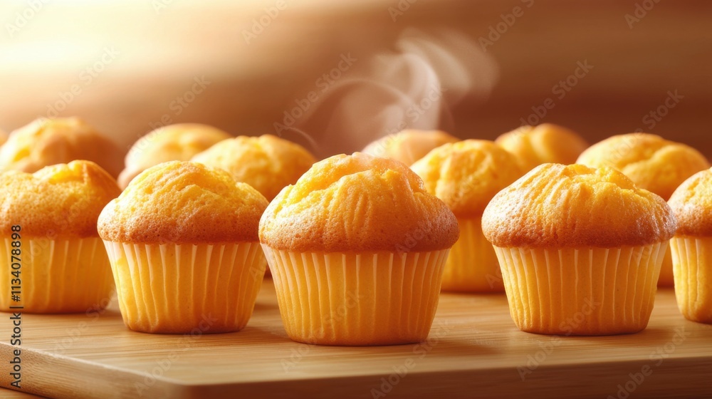 Freshly baked muffins with a golden hue, arranged neatly on a wooden surface, emitting steam, inviting and warm. Freshly baked muffins with a golden hue, arranged neatly on a wooden surface, emitting steam, inviting and warm.