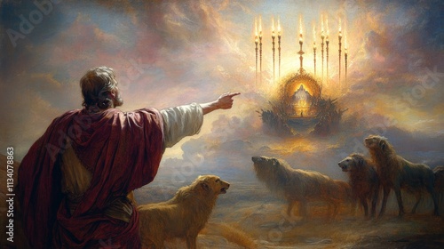 In the foreground the apostle John He points to the heavenly throne with God and the four apocalyptic animals Above the throne the seven torches that symbolize the seven gifts of the Holy Spirit