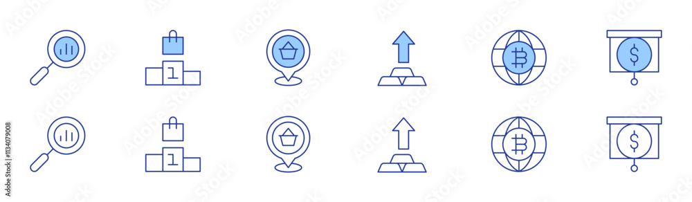 Market icon set in two styles, Duotone and Thin Line style. Editable stroke. gold, world, analytics, podium, economy, location pin Market icon set in two styles, Duotone and Thin Line style. Editable stroke. gold, world, analytics, podium, economy, location pin