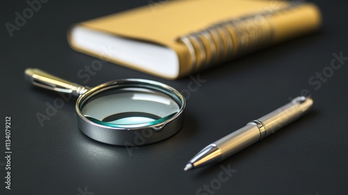 Business conceptText Title Search with penmagnifying glass and notebook on a black background photo