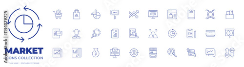 Market icons collection. Thin Line icons, editable stroke. analysis, bag, cart, gold, pie chart, profits, research, second hand, chart, ecommerce, paper bag, report, review