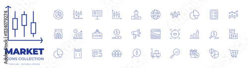 Market icons collection. Thin Line icons, editable stroke. analytics, candlestick chart, close, growth, megaphone, podium, stock market, trade, market, saving money, time to market