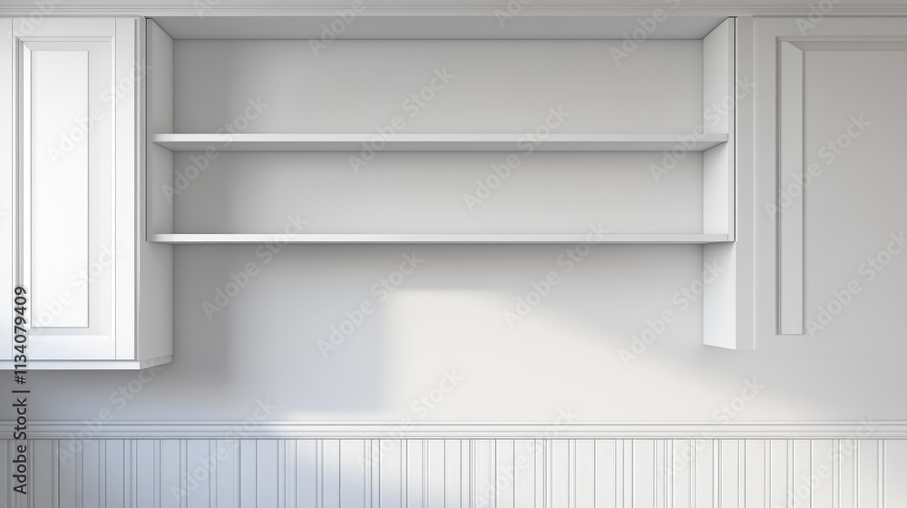 Fototapeta premium Open wall cabinet with empty shelves for product display clean white cabinet cover white melamine board or wainscoting cover white melamine in kitchen