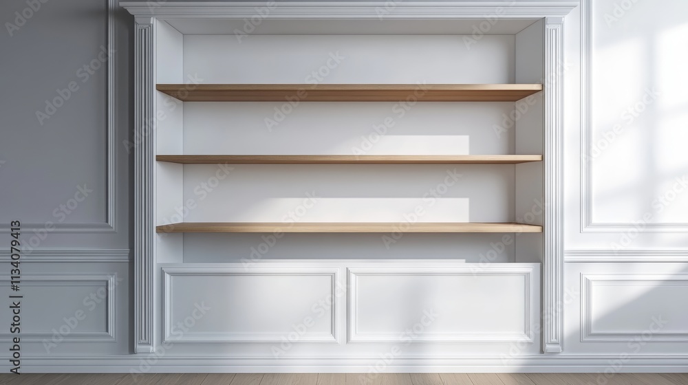Open wall cabinet with empty shelves for product display clean white cabinet cover white melamine board or wainscoting cover white melamine in kitchen Open wall cabinet with empty shelves for product display clean white cabinet cover white melamine board or wainscoting cover white melamine in kitchen