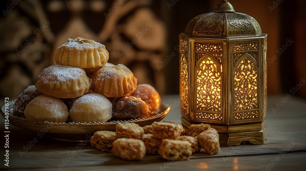 Delicious Eid sweets and a lantern on a wooden table. Delicious Eid sweets and a lantern on a wooden table.