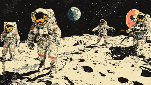 Dynamic comicstyle illustration of astronauts spacewalking on the Moon photo