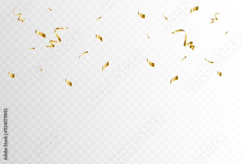 Gold confetti and ribbon streamers falling on a transparent background. blur. Transparent. Small and large.Vector	,eps 10
