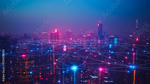 Wallpaper Mural Smart digital Innovation city with connection network reciprocity over the cityscape. of future smart wireless digital city and social media networking systems that connects people with in city Torontodigital.ca