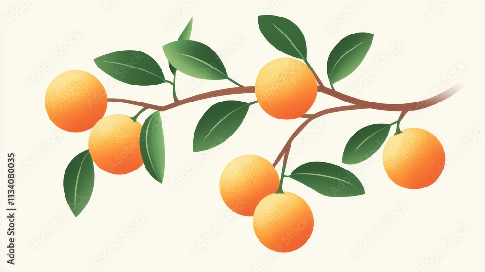 A vibrant illustration of a branch with ripe oranges and green leaves, showcasing a fresh and natural aesthetic. A vibrant illustration of a branch with ripe oranges and green leaves, showcasing a fresh and natural aesthetic.