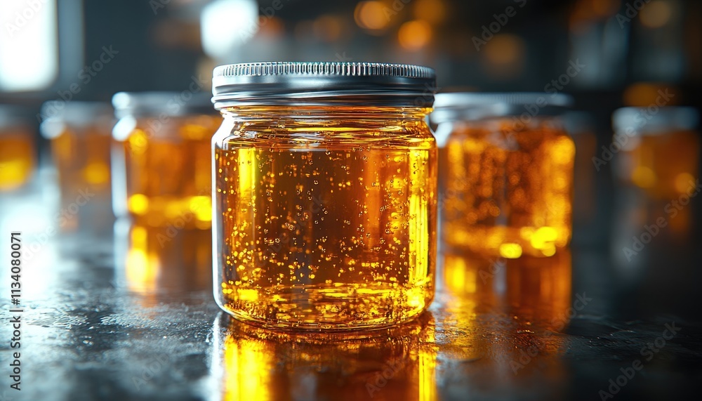 Amber liquid in glass jar with lid, bubbles visible. Perfect for food, beverage, or product packaging. Amber liquid in glass jar with lid, bubbles visible. Perfect for food, beverage, or product packaging.