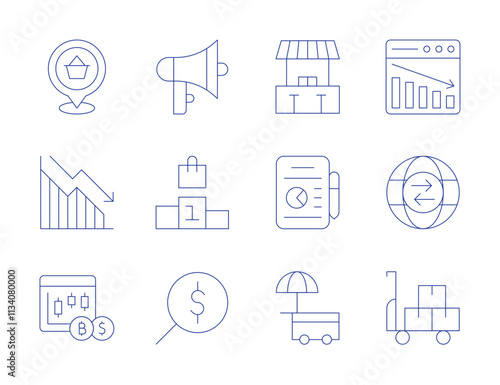 Market icons. Thin Line style, editable stroke. stock market, tablet, megaphone, podium, search, stock exchange, street market, trade, trolley, location pin, market