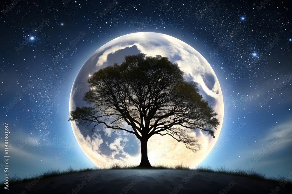 A silhouette of a tree against a night sky with the moon in the background A silhouette of a tree against a night sky with the moon in the background