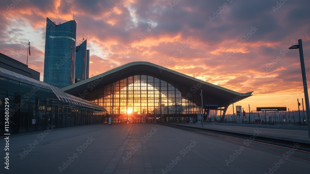 Modern train station at sunset with striking architecture and vibrant sky. Modern train station at sunset with striking architecture and vibrant sky.