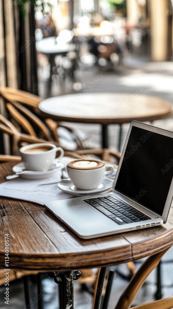 Cozy Outdoor Cafe Workspace with Laptop and Coffee Cups on Wooden Table Cozy Outdoor Cafe Workspace with Laptop and Coffee Cups on Wooden Table