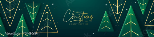 Merry Christmas and Happy New Year holiday background with 3d Christmas trees on emerald green background. Vector illustration