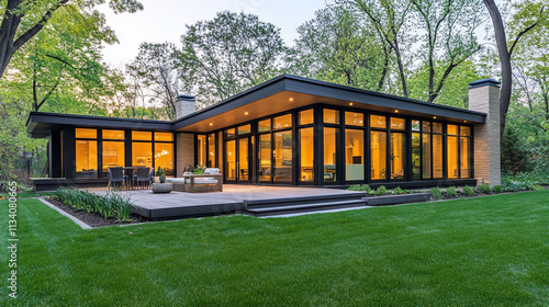 Modern house with large windows and a green lawn.