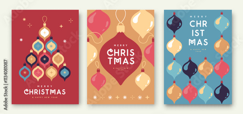 Set of Merry Christmas and Happy New Year greeting cards, covers or posters with holiday pattern. Christmas background. Flat design. Vector illustration