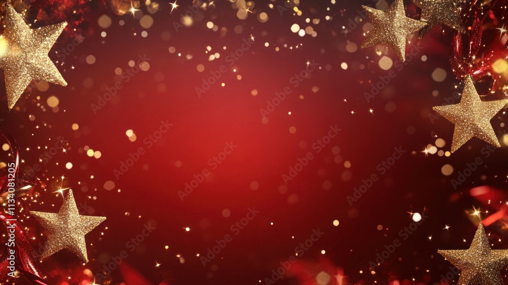 Rich red background with gold sparkles and stars framing the edges, central area reserved for holiday text. Rich red background with gold sparkles and stars framing the edges, central area reserved for holiday text.