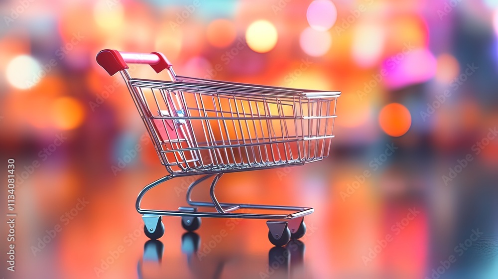 Empty shopping cart on a shiny surface with blurred colorful lights in the background. Empty shopping cart on a shiny surface with blurred colorful lights in the background.