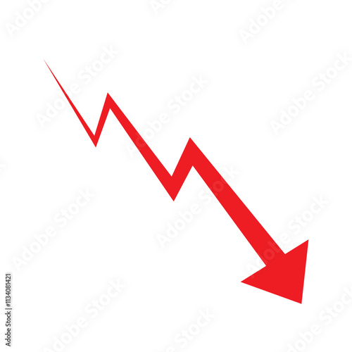 Red arrow going down stock icon on white background. Symbol of down arrow graph icon. Bankruptcy, financial market crash icon. Falling growth in business. Vector illustration.
