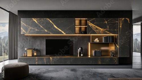 Modern luxury TV cabinet with gold marble accents in a spacious living room.