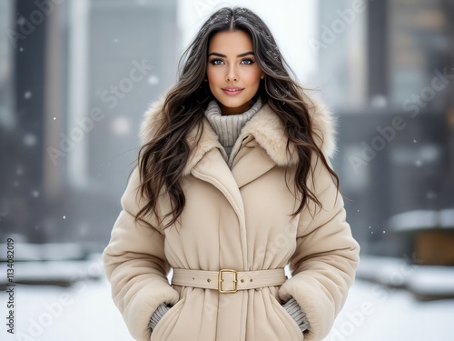 Elegant Woman in Winter Coat with Fur Collar, Stylish Fashion Portrait, Outdoor Winter Scene, Snowfall in the City, Warm Neutral Tones, Luxury Outerwear, Winter Style Inspiration, Urban Background, Co