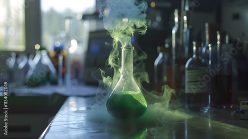 Close-up of glass beaker releasing swirling toxic green vapor in chemical lab setting, emphasizing danger and scientific experimentation photo