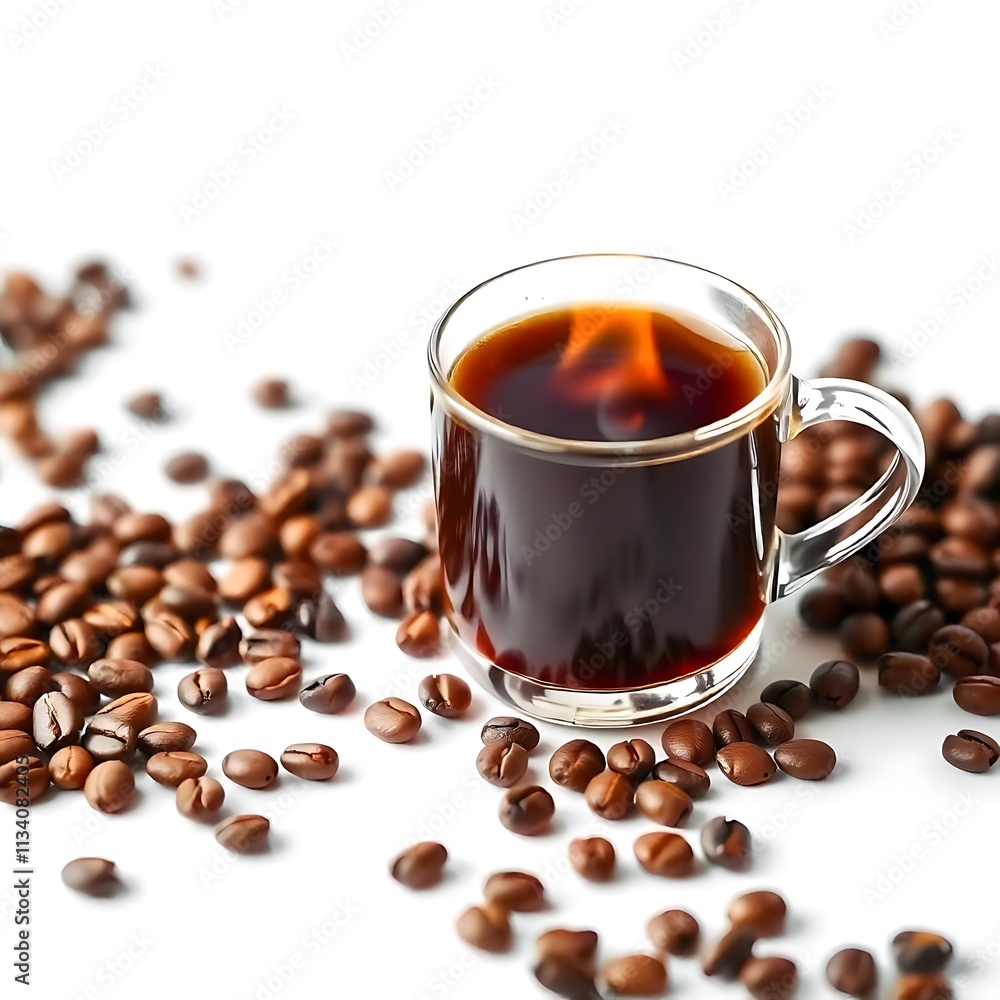 A cup filled with freshly brewed hot coffee and surrounded by coffee beans A cup filled with freshly brewed hot coffee and surrounded by coffee beans