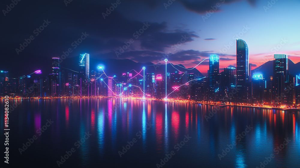 Fototapeta premium Smart digital Innovation city with connection network reciprocity over the cityscape. of future smart wireless digital city and social media networking systems that connects people with in city