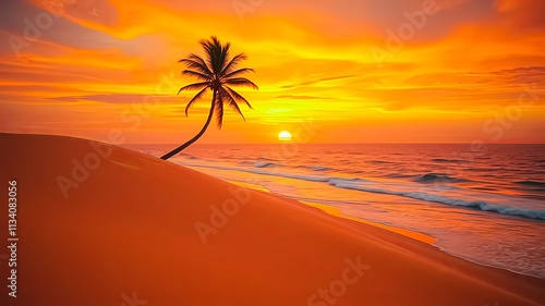 Serene Sunset Beachscape Palm Tree Silhouette on Sandy Shore with Orange Sky and Gentle Waves