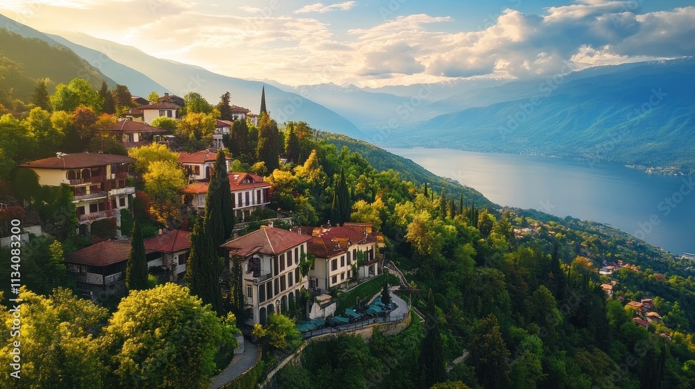 Obraz premium Scenic view of a hillside village overlooking a lake, surrounded by mountains and greenery.