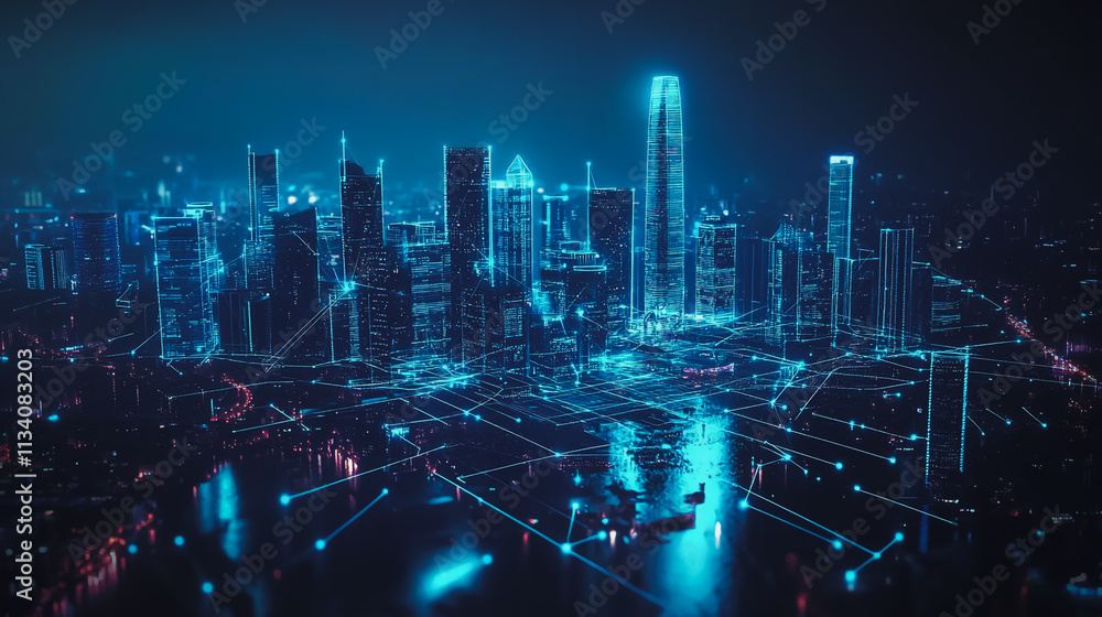 Obraz premium Smart digital Innovation city with connection network reciprocity over the cityscape. of future smart wireless digital city and social media networking systems that connects people with in city