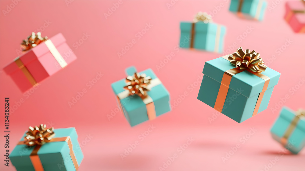 Floating pastel gift boxes with gold bows on pink background. Floating pastel gift boxes with gold bows on pink background.