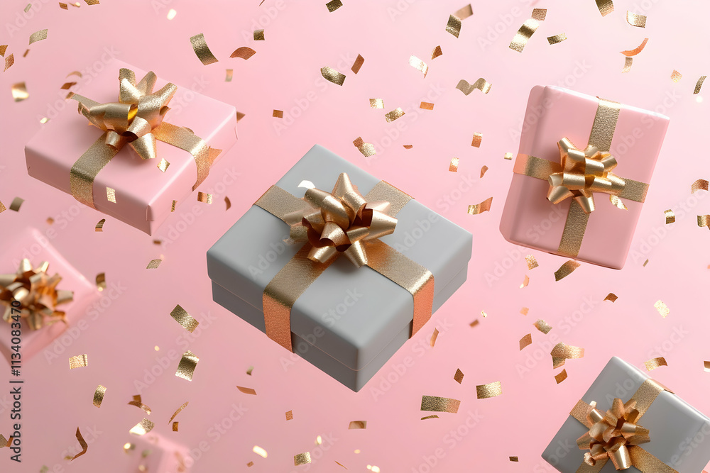 Floating pastel gift boxes with gold ribbons and confetti on pink background. (2) Floating pastel gift boxes with gold ribbons and confetti on pink background. (2)