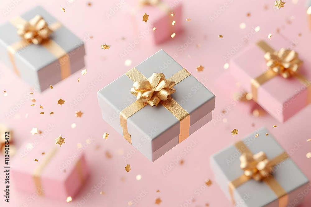 Floating pastel gift boxes with gold ribbons and confetti on pink background. (1) Floating pastel gift boxes with gold ribbons and confetti on pink background. (1)