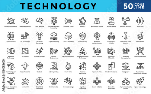 Technology icons set with artificial intelligence, machine learning, deep learning, natural language processing, computer vision, robotics, augmented reality icon. Simple line vector 
