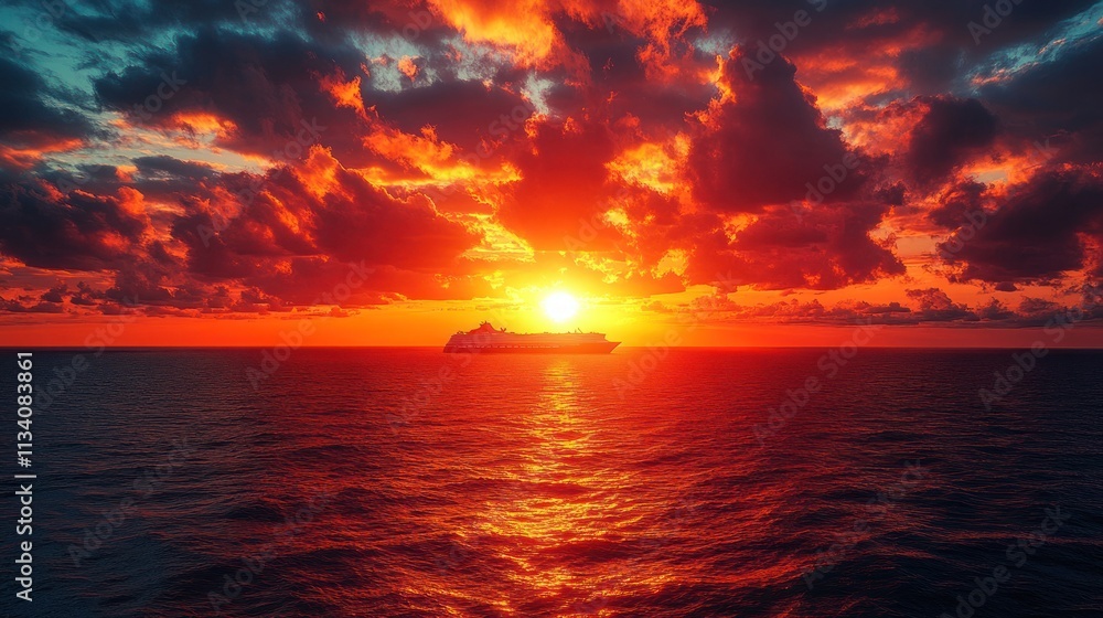 Obraz premium Cruise ship at fiery sunset over ocean.