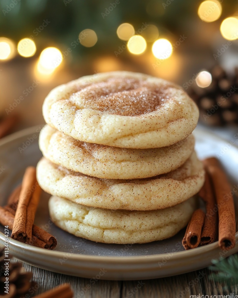 A stack of soft, cinnamon-sugar cookies on a plate, surrounded by festive decorations. A stack of soft, cinnamon-sugar cookies on a plate, surrounded by festive decorations.