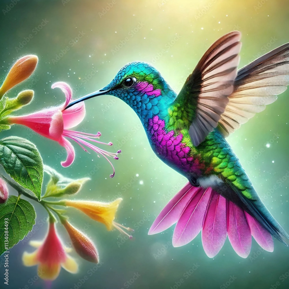 Obraz premium Colorful Hummingbird Flying Near Flower Natural Background