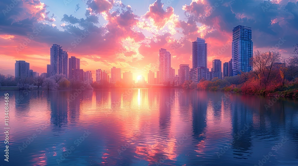 Fototapeta premium City skyline reflection on water during a vibrant sunset with glowing clouds
