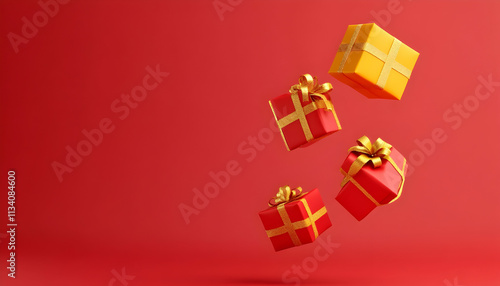Four floating gifts, red and yellow, with golden bows, on red background.