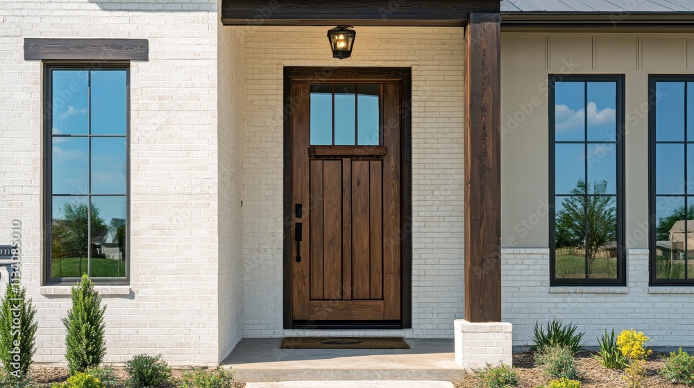 Fototapeta premium A ranch home front door detail with a wooden front door and off white brick siding