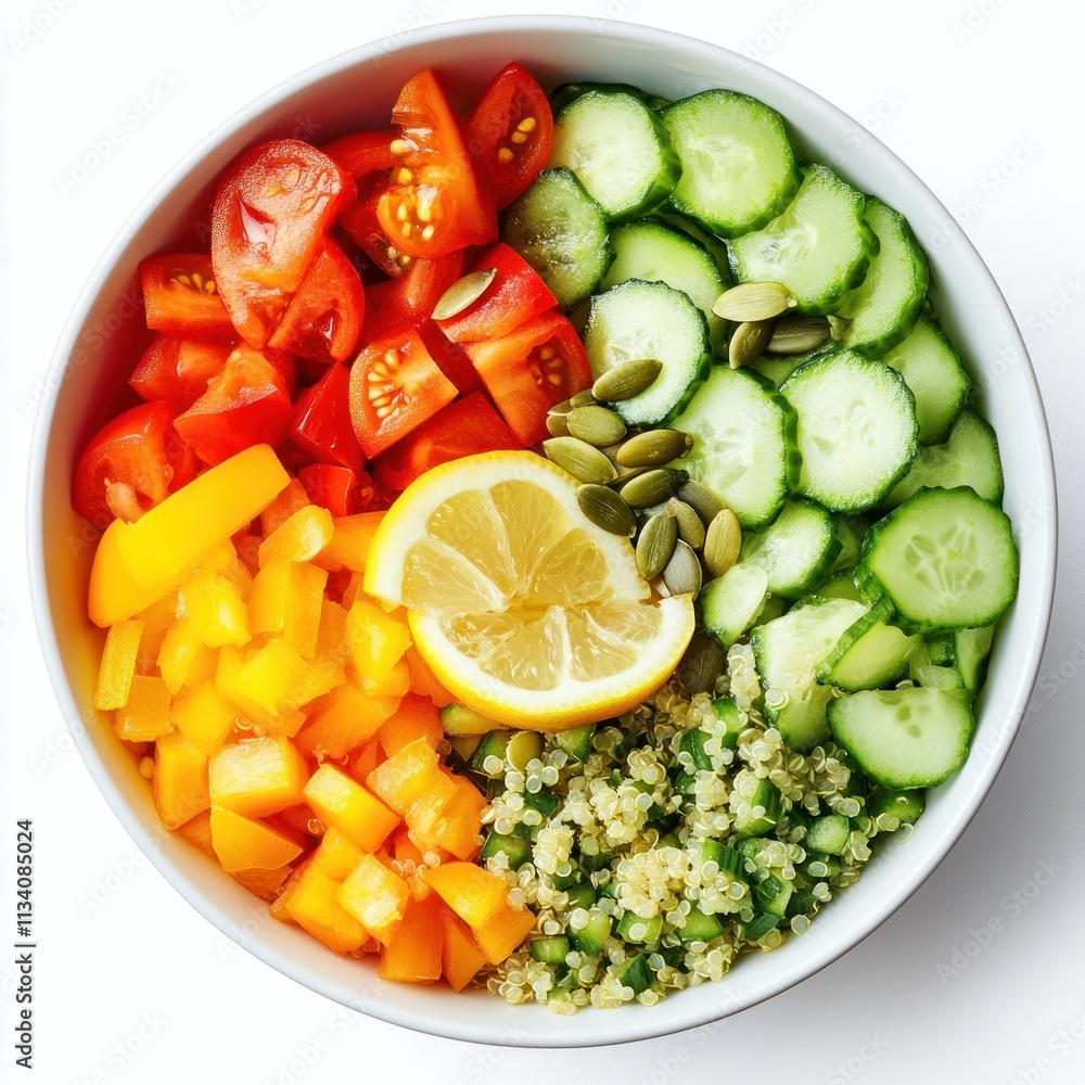 A colorful salad bowl featuring fresh vegetables and quinoa for a healthy meal. A colorful salad bowl featuring fresh vegetables and quinoa for a healthy meal.