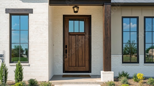 A ranch home front door detail with a wooden front door and off white brick siding