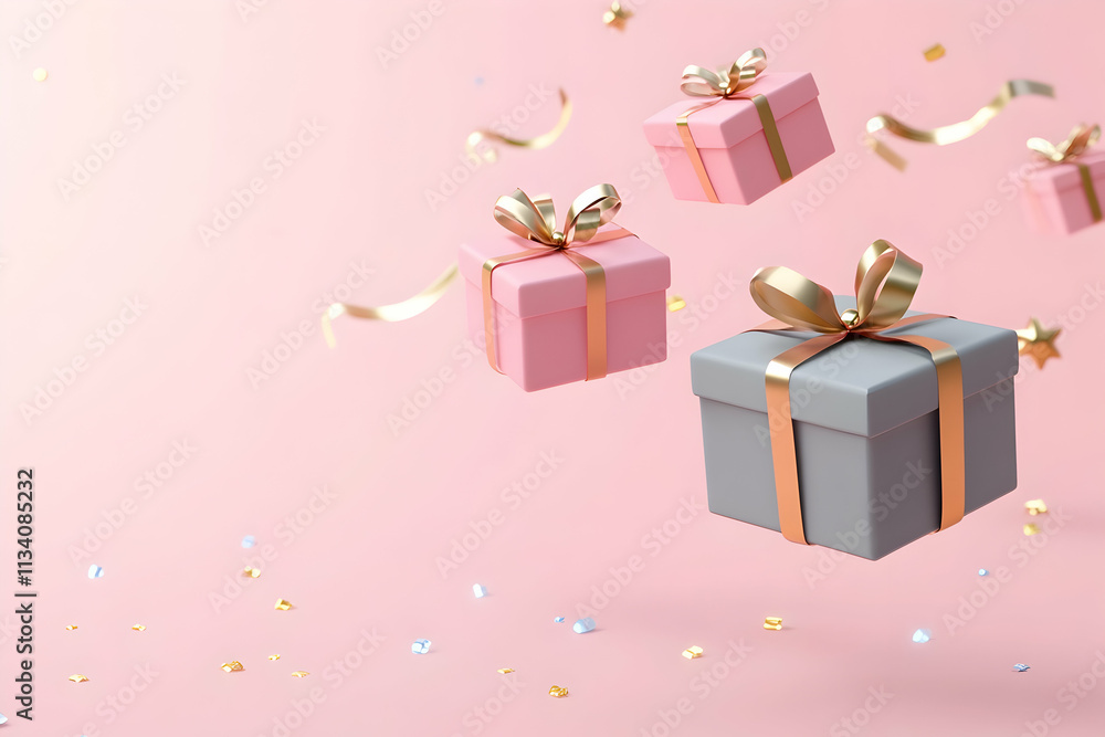 Pink and gray gift boxes floating with confetti on a pink background. Pink and gray gift boxes floating with confetti on a pink background.