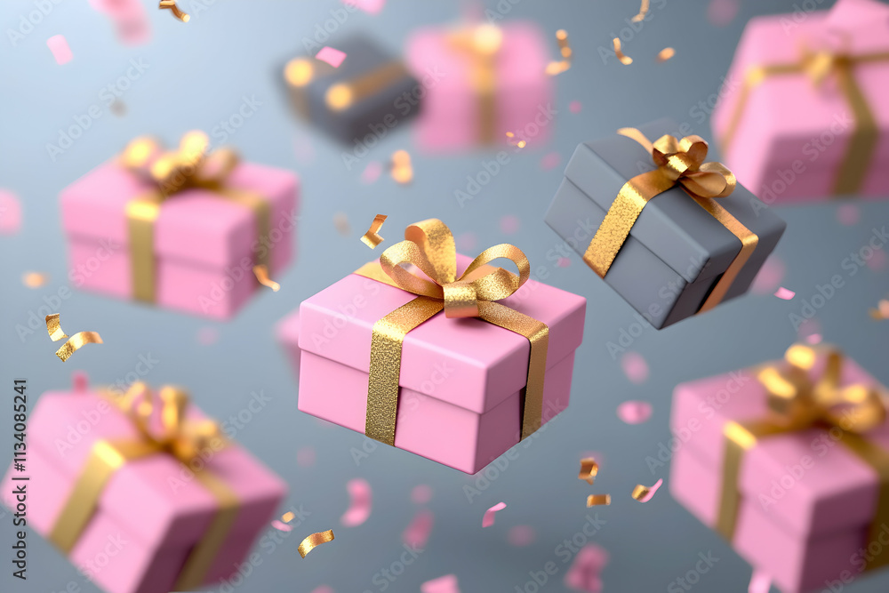 Pink and gray gift boxes floating with confetti. Pink and gray gift boxes floating with confetti.