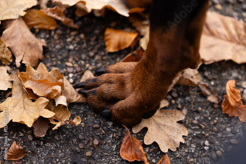 DOberman single paw standing among autumn leaves of a similar colour