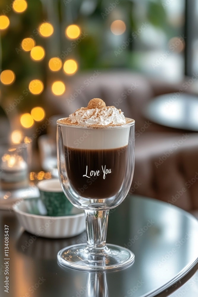 Elegant Layered Coffee with Whipped Cream in Glass Mug Elegant Layered Coffee with Whipped Cream in Glass Mug