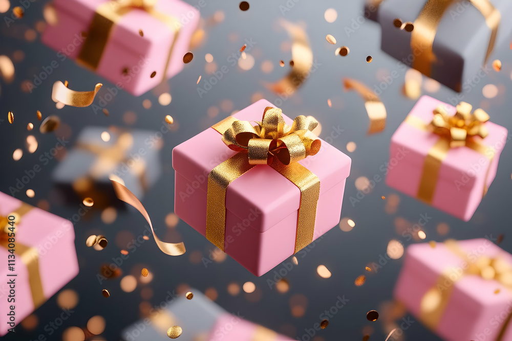 Pink and gray gifts with gold ribbons and confetti falling. Pink and gray gifts with gold ribbons and confetti falling.